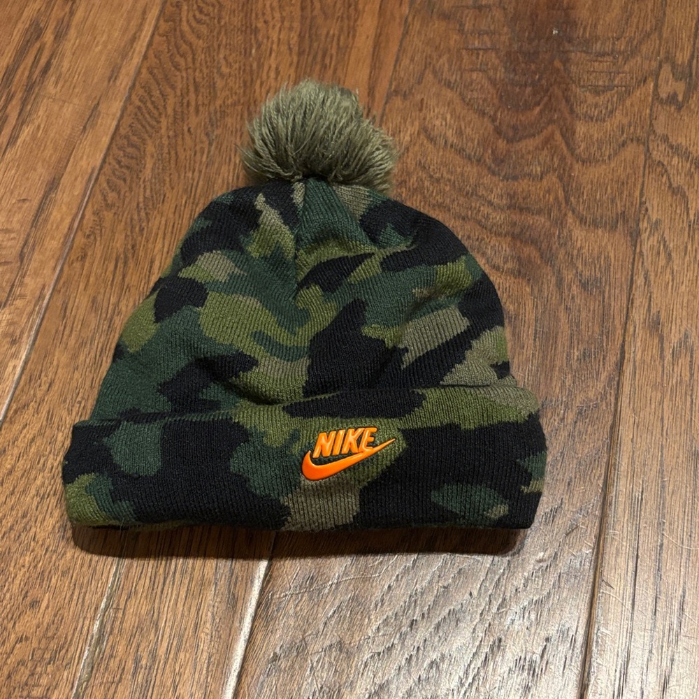 Nike Kids Camo Beanie with Pom - Black, Green, and Orange